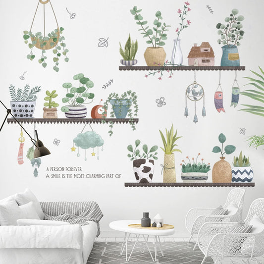 2 Set Plant Wall Decals Kitchen Stickers Decor Murals for Bedroom Living Room Bathroom Art Decal Boho Hanging Shelves Tree Wall Art 3D Peel and Stick