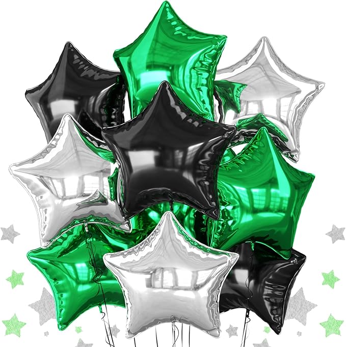 Green Black Silver Star Foil Balloons, 10PCS Foil Stars Shape Balloon, 18 Inch Metallic Pentagram Balloons Helium for Boys Men, Graduation, Baby Shower, Football Soccer Game Birthday Party Decoration