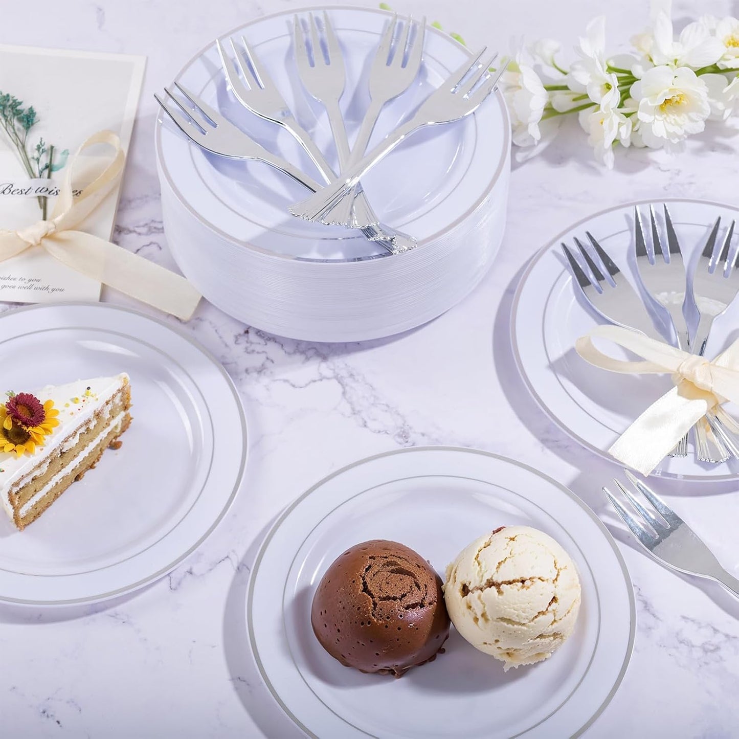 WELLIFE 240PCS Silver Plastic Dessert Plates - Includes 120PCS Silver Forks, 120PCS 6.3 Inch Salad & Appetizer Plates - Perfect for Weddings & Parties