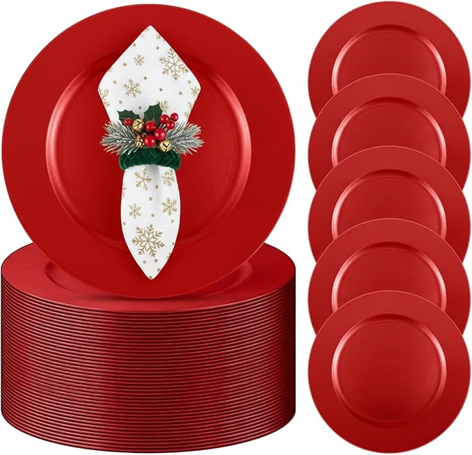 Tanlade 50 Pcs 13 Inch Charger Plates Bulk Round Wedding Chargers Plastic Plate Chargers Dinner Charger Plates for Table Setting Wedding Party Decoration (Red)