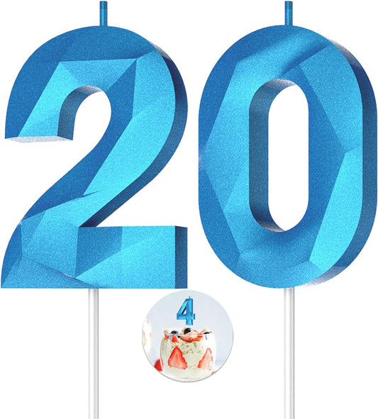 Number Birthday Candles(20 Candle Blue) 3D Diamond Shape Number Happy Birthday Cake Candles for Birthday Party Wedding Decoration Reunions Theme Party