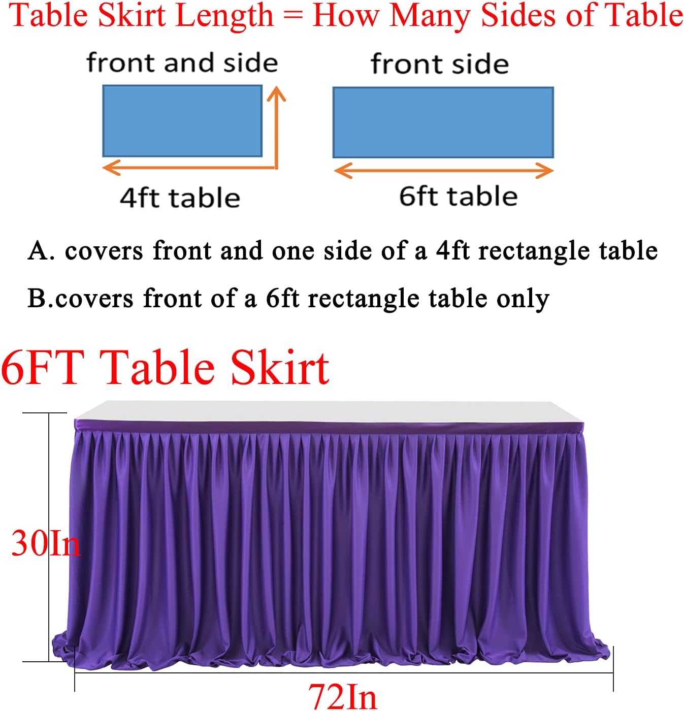6ft Purple Table Skirt for Rectangle Tables Polyester Table Skirt Desk Skirts Ruffle Table Skirt Cloth for Birthday Party Banquet Purple Theme Party Wedding Bridal Shower Table Skirts