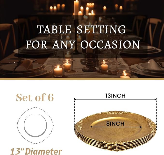 MAONAME Antique Gold Charger Plates, Round Antique Plate Chargers for Dinner Plate, 13" Plastic Charger for Plates, Wedding Table Setting, Set of 6
