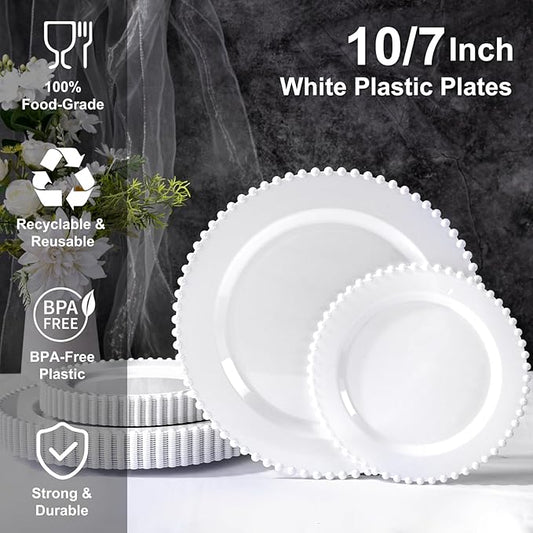 U-QE 60PCS White Plastic Plates - Fancy Beaded Plates Disposable Heavy Duty - Premium Hard Plastic Plates for Party, Wedding & Birthday Including 30 Dinner Plates 10" & 30 Dessert Plates 7"
