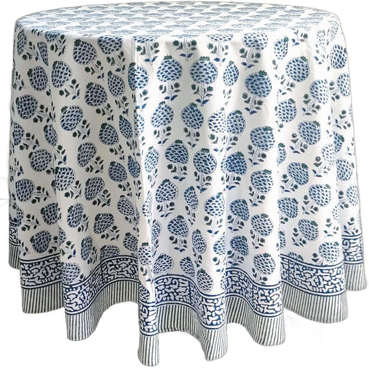ATOSII Roma Blue 100% Cotton Boho Round Fall Tablecloth, Handblock Floral Print Table Cloth Linen for Kitchen Dining I Parties, Outdoors, Weddings, Christmas, Thanksgiving Decor 72" Inches Diameter