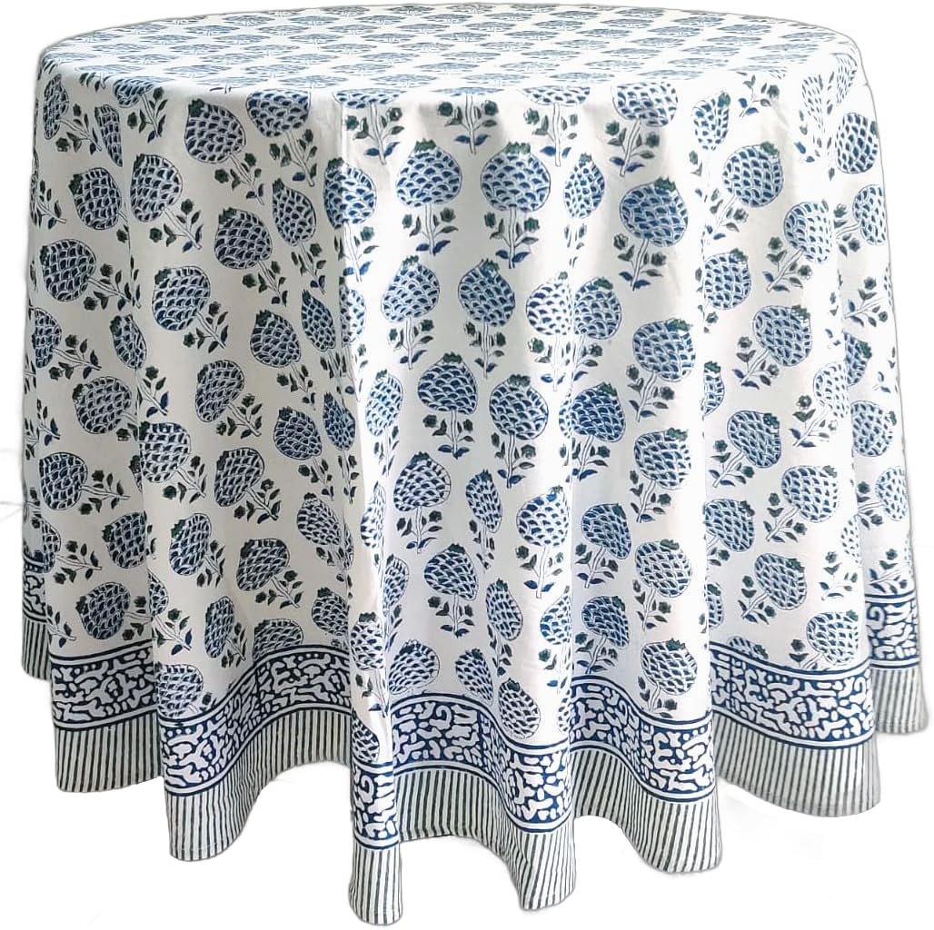 ATOSII Roma Blue 100% Cotton Boho Round Fall Tablecloth, Handblock Floral Print Table Cloth Linen for Kitchen Dining I Parties, Outdoors, Weddings, Christmas, Thanksgiving Home Decor 60" Inches Round