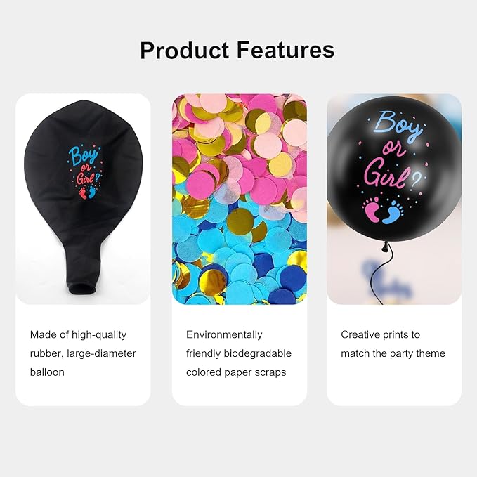 Gender Reveal Balloon 2 Pack, 36 Inch Black Balloons with Pink Blue Hearts Confetti for Boy or Girl Baby Gender Reveal Ideas Baby Shower Party Decorations Kit