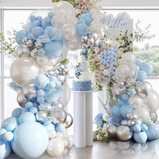 Blue and Silver Balloon Arch Kit Blue Pearl White Clear Balloon Garland Kit for Wedding Birthday Baby Shower Gender Reveal Bridal Engagements Decorations