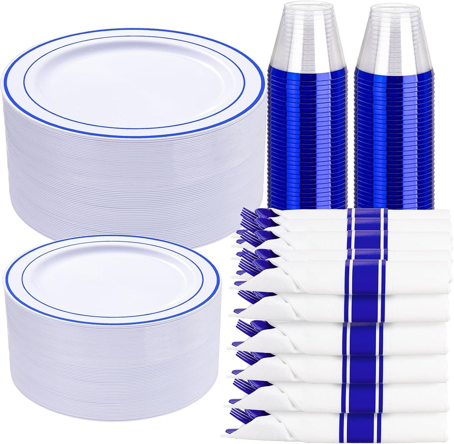 WELLIFE 350 Pieces Blue Plastic Plates - Disposable Silverware and Cups, Include: 50 Dinner Plates 10.25”, 50 Dessert Plates 7.5”, 50 Blue Cups 9 OZ, 50 Plastic Cutlery