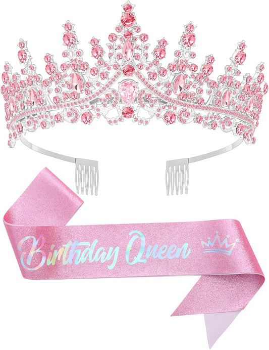 Birtthday Tiara Crown with Sash for Women Birthday Queen Party