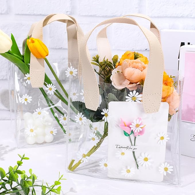 Whaline 12Pcs Clear PVC Gift Bags with Handle Bridesmaid Gift Bags Cute Daisy Flower Reusable Transparent Party Favor Bag Goodie Treat Bag for Mother's Day Wedding Birthday Baby Shower Party Supplies