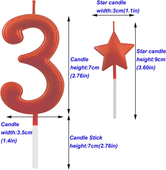 2.75in Number 3 Birthday Candles - Glitter Red Happy Birthday Cake Cupcake Toppers for Adults/Kids Party Celebrating