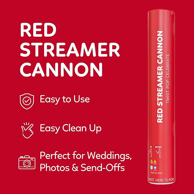 2 Pack Streamer Cannon Confetti Poppers | Biodegradable Red Confetti | TUR Party Supplies | Launches Up to 25ft | Giant (12 in) | Party Poppers for Graduation, Birthdays, Weddings, Valentine's