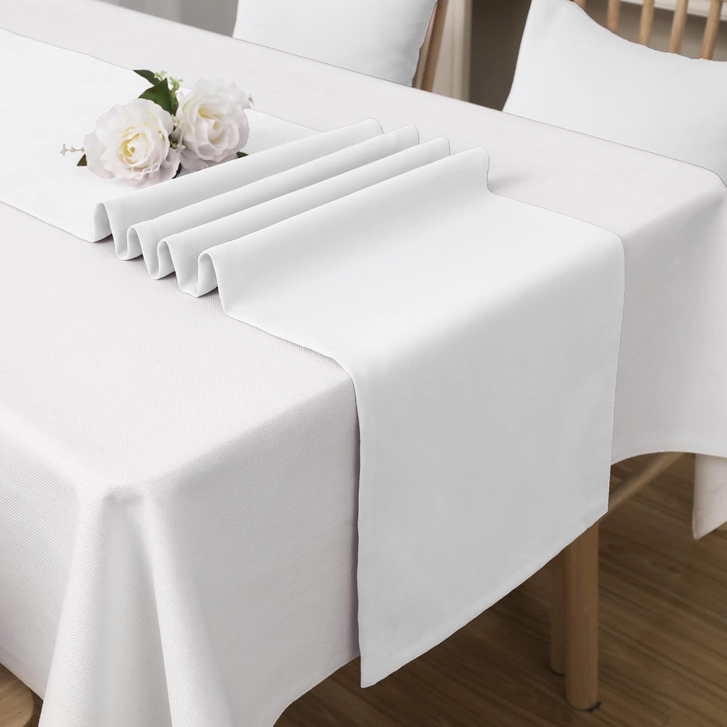DUALIFE Pure White Table Runner 108 Inch Long 9 FT Farmhouse Style Decorativ Soft Fabric Cloth Runner for Inddor/Outdoor Wedding and Dinner Decor (14 x 108 Inches, White,2 Pieces)