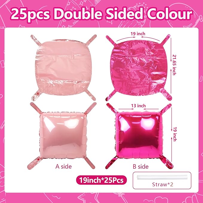 NISOCY 25PCS Hot Magenta Pink Square Foil Balloons Wall Backdrop Double Sided Metallic Pink Balloons Arch Kit for Galentines Valentines Day Bachelorette Birthday Engagement Bridal Party Decorations