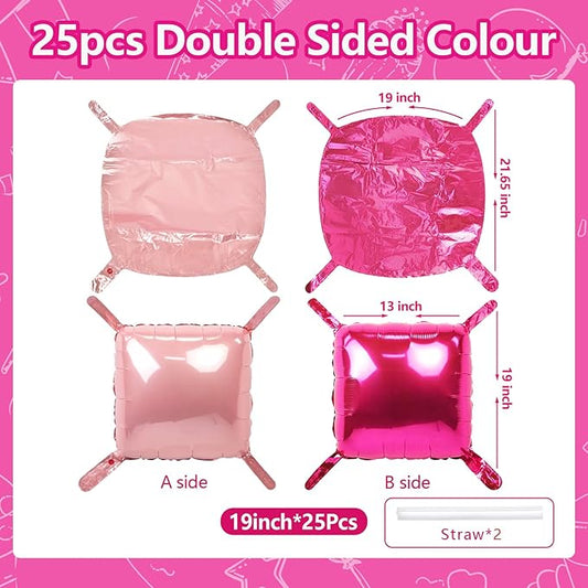 NISOCY 25PCS Hot Magenta Pink Square Foil Balloons Wall Backdrop Double Sided Metallic Pink Balloons Arch Kit for Galentines Valentines Day Bachelorette Birthday Engagement Bridal Party Decorations