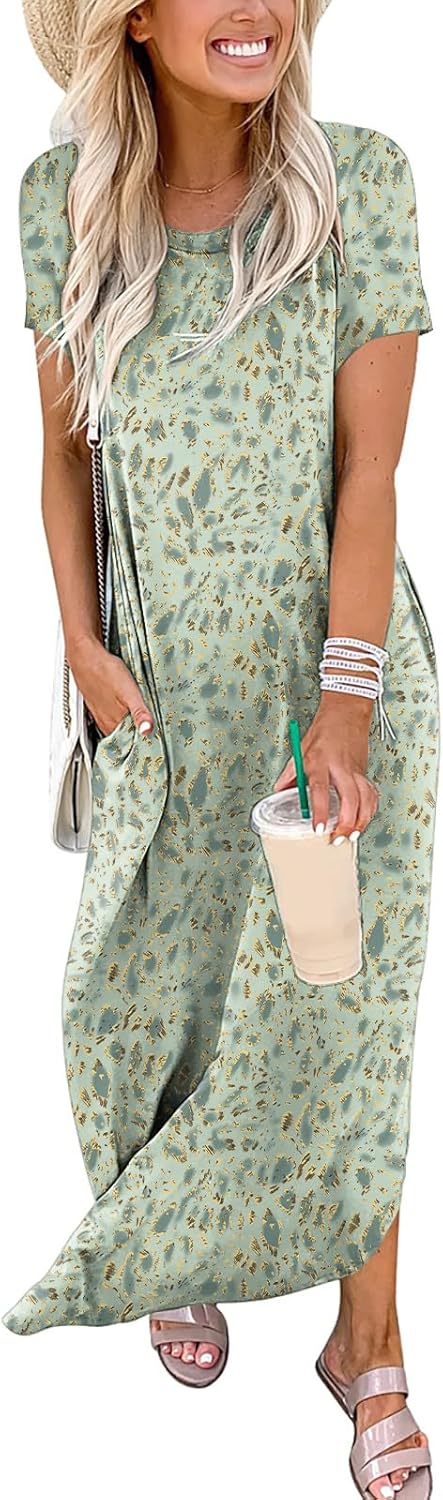 ANRABESS Womens Summer Maxi Dress Short Sleeve Casual Loose Long T Shirt Dresses Split Vacation Beach Sundress Travel Outfits