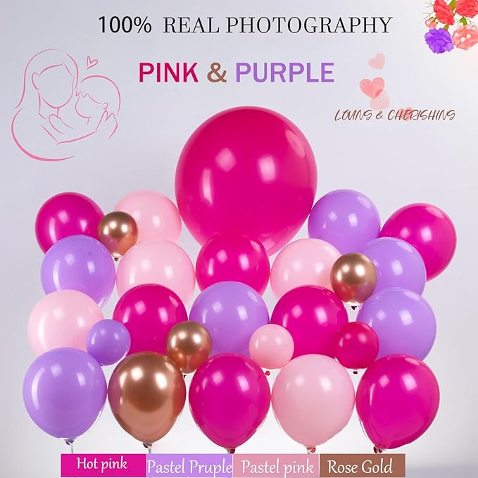 Mothers day Balloon Garland Kit Hot Pink and Rose gold Rustic Elegant Party Decorations with Foil Heart Letters Floral Basket Daisy Balloons for Indoor Outdoor Premium Party Supplies