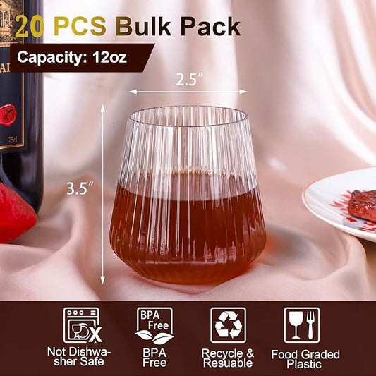 20 Pack Plastic Ribbed Wine Glasses, 14Oz Origami Disposable Wine Glasses Unbreakable Clear Plastic Cocktail Glasses Recyclable Shatterproof Reusable Wine Cups