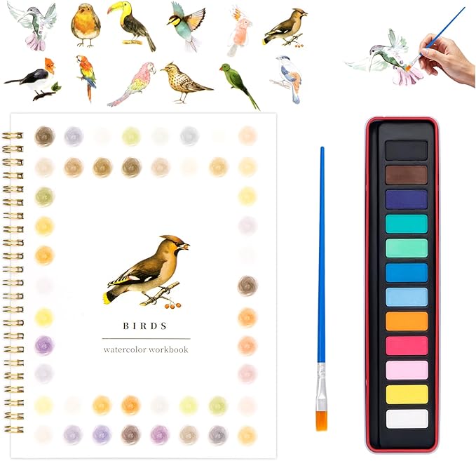 Kivzex Watercolor Workbook for Adults, Beginner Friendly Watercolor Painting Kit Birds Water Coloring Book, Nature-Themed Practice Art Gift Water Color Paint Book with Palette and Brush