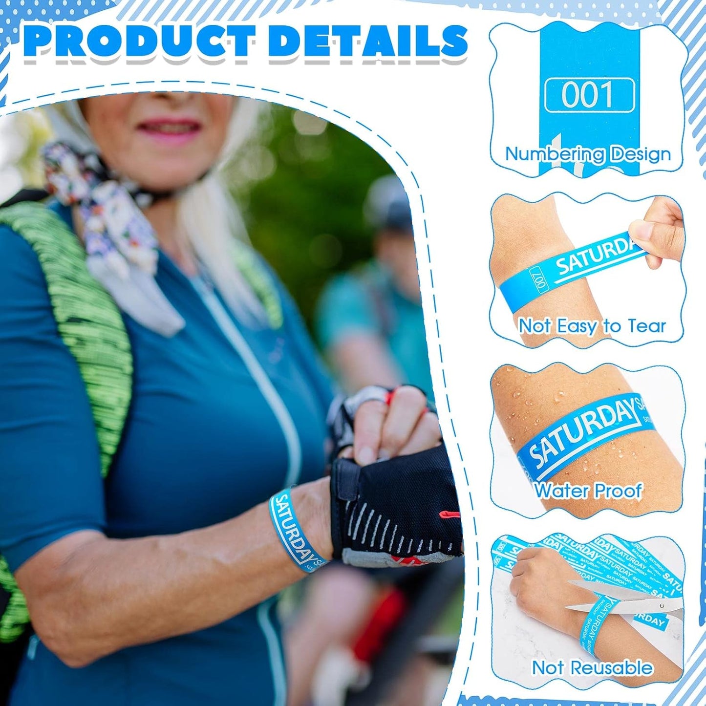 Henoyso 600 Pcs Saturday Paper Wristbands Event Admission Paper Bracelets Numbered Waterproof Party Armbands for Events Day of The Week(Blue)