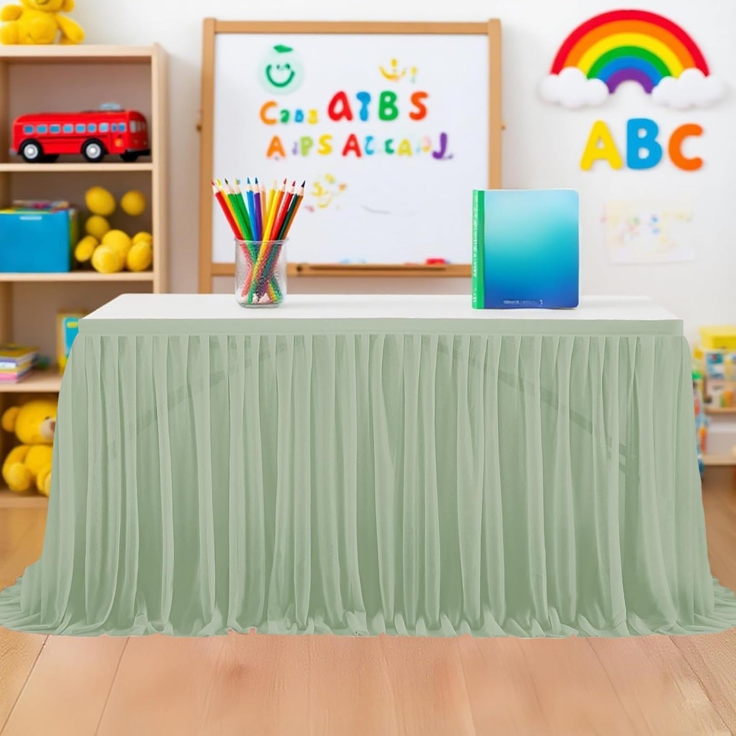 9FT Tulle Table Skirt for Teacher Desk Rectangular Ruffle Table Back to School Supplies for Kindergarten Preschool Middle School Classroom Decor, Green