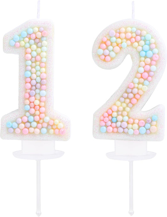 Pastel 12 Birthday Candle Macaron Glitter 3D Number 12th Candles for Birthday Cakes Girl Women Sweet Theme Twelve Years Old Birthday Wedding Anniversary Party Cake Decoration