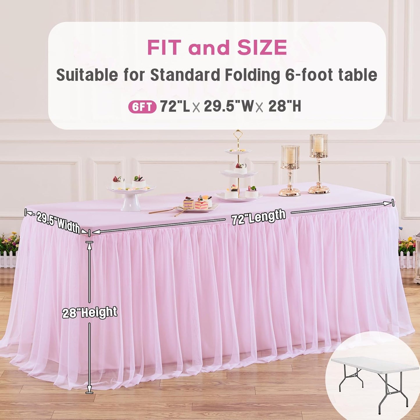 Suppromo 4 Pack 6ft Pink Tablecloths for Rectangle Tables, 72 x 30 Inch Pink Rectangular Table Cloth with Tutu Skirt for Baby Shower, Birthday Party, Banquet, Buffet, Cake