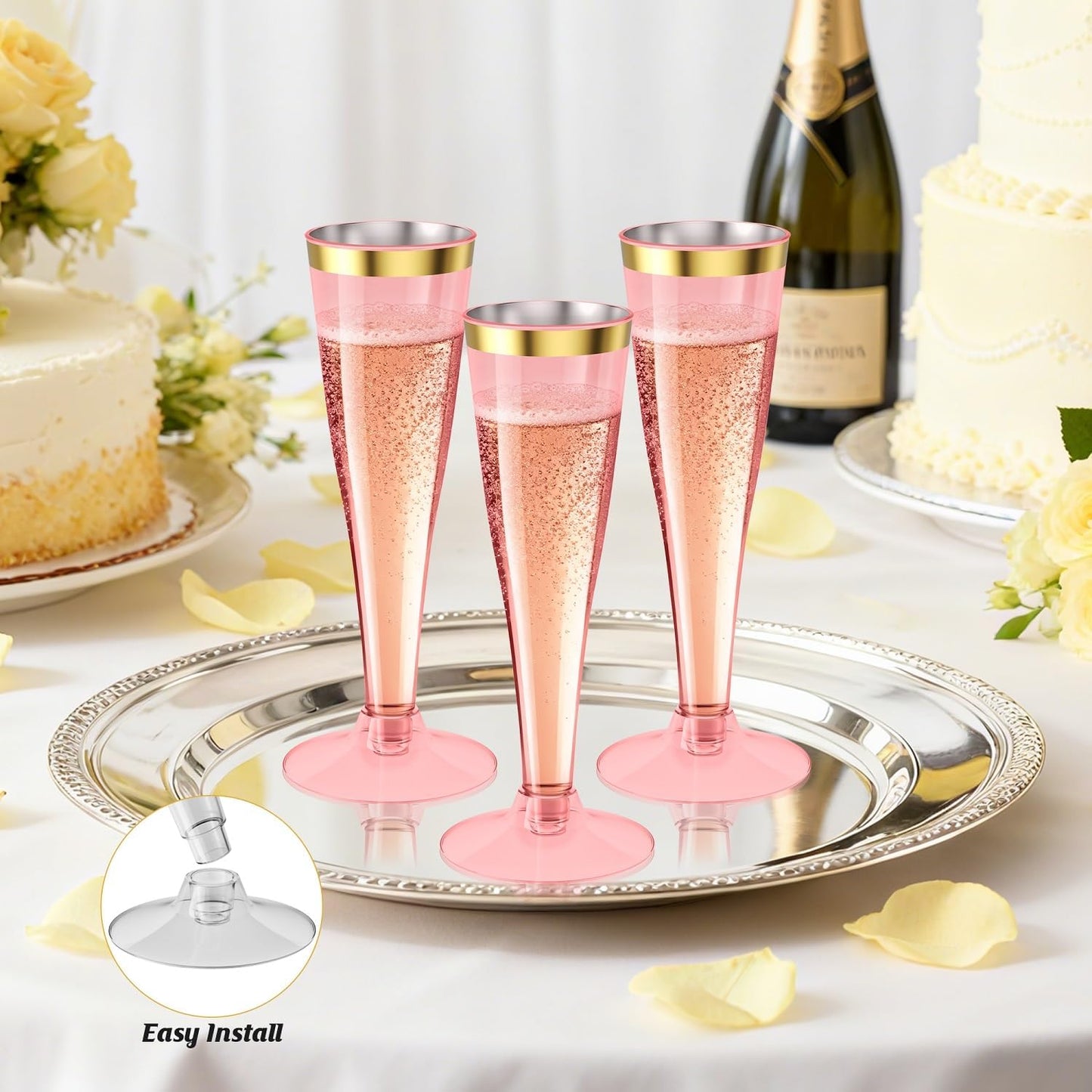 40 Pack Pink Gold Rim Champagne Flutes Plastic Wine Glasses Disposable, 4.5 Oz Mimosa Glasses for 2025 Engagement Wedding Birthday New Years Eve Xmas Party Supplies, Bulk Toasting Cocktail Cups