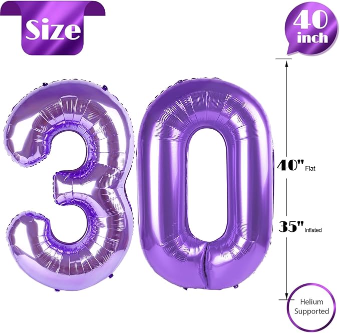 Purple Number 30 Balloon 40 Inch, 30th Birthday Party Decorations for Children, Giant 30 Foil Balloon for Party Supplies