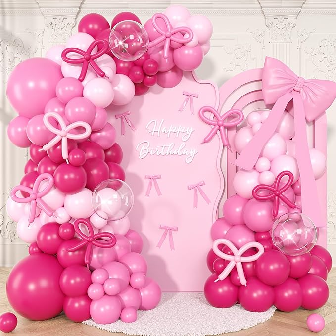 Hot Pink Balloons Arch Kit,Bow Balloon Garland with Pastel Pink Long Balloons for Birthday Party Mother's Day Baby Shower Anniversary Wedding Decorations