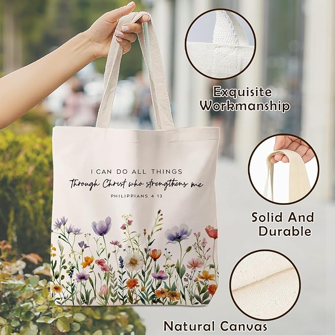 Preppy Floral Aesthetic Tote Bag for Women,Printed Canvas Tote Bag for Girls,Christian Gifts for Women Faith,Watercolour Aesthetic Reusable Shopping Grocery Bags Party Favors