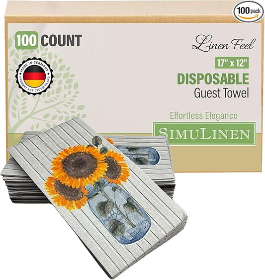 SimuLinen Decorative Sunflower Disposable Bathroom Guest Towels - Cloth-Like, Single-Use, Linen Feel Paper Towels, 12x17", 100ct (Made in Germany)