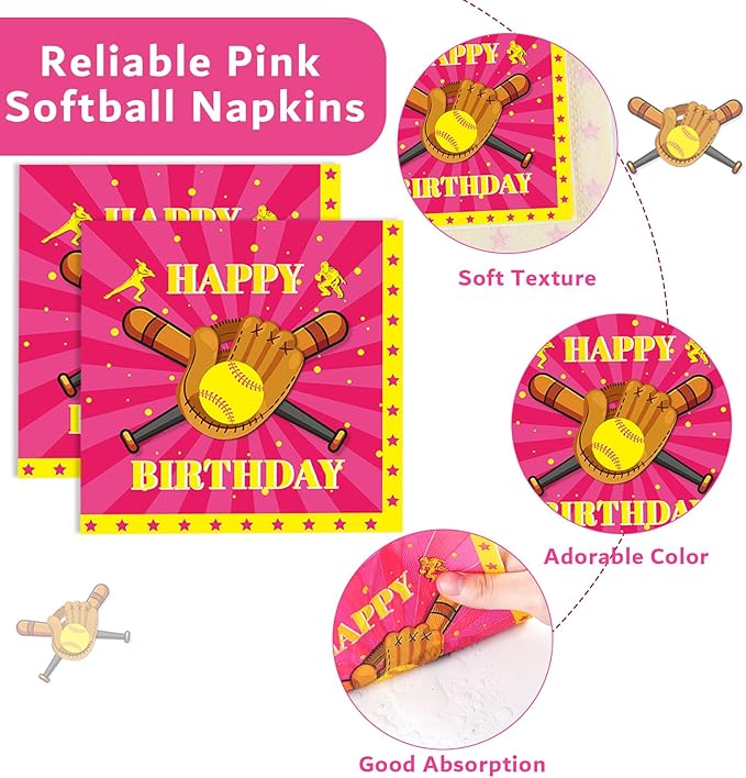 96Pcs Softball Party Supplies Softball Theme Paper Plates Napkins Softball Party Decorations Pink Softball Dinnerware Party Favor Girl Birthday Party Tableware Serves 24