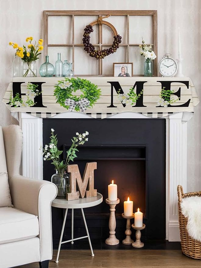 Rustic Home Fireplace Mantel Scarf Table Runner,Eucalyptus Leaves Floral Wooden Buffalo Plaid Winter Garland Mantel Top Tablerunners Dresser Scarves Cover for Windows Party Living Room 60"x17"