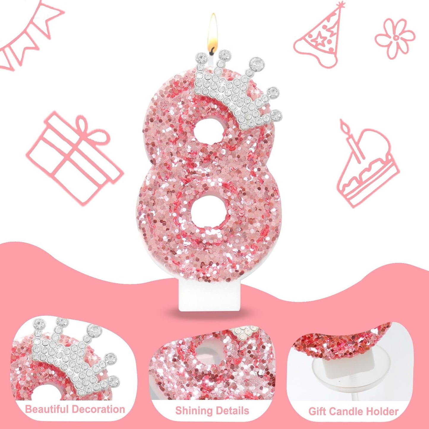 Ceya Number 8 Birthday Candles,Pink Crown Candle for Cake, Sparkling Number Glitter Candle 3.14inch Cake Topper,8st Birthday Decorations for Girl Women Reunions Anniversary Party Supplies