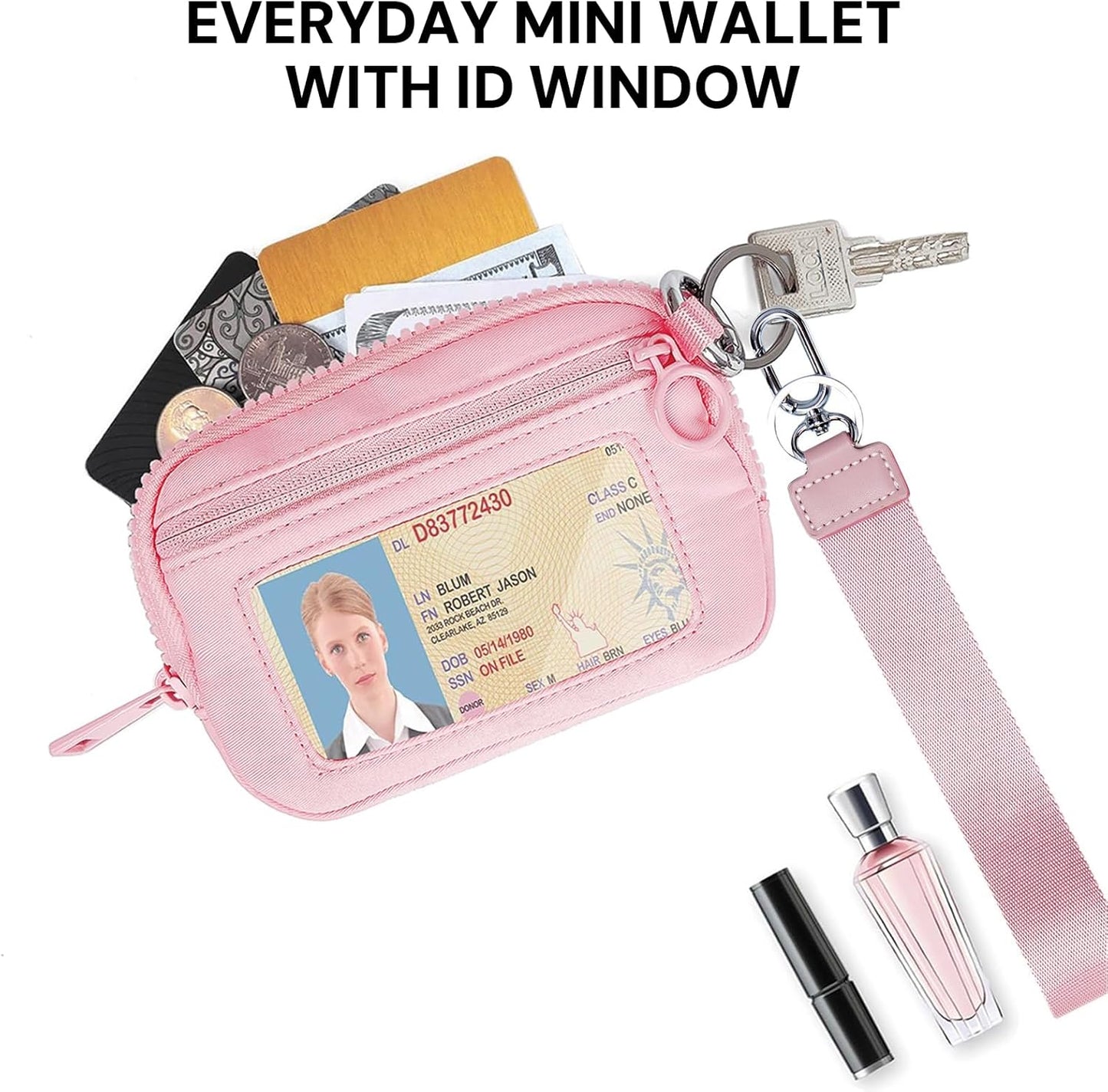 YDF The Iris Wallet for Women Mini Zip Card Case with Clear ID Window Zipper Coin Purse Lightweight Portable Keychain Wallet