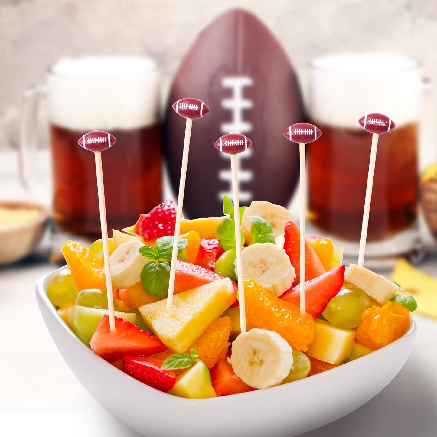 Football Cocktail Picks - 100 Counts Decorative 3D Football-shaped Toothpicks for Super Bowl Football Game, 4.7 inch Long Bamboo Skewers Wooden Sticks for Appetizers, Fancy Party Decorations