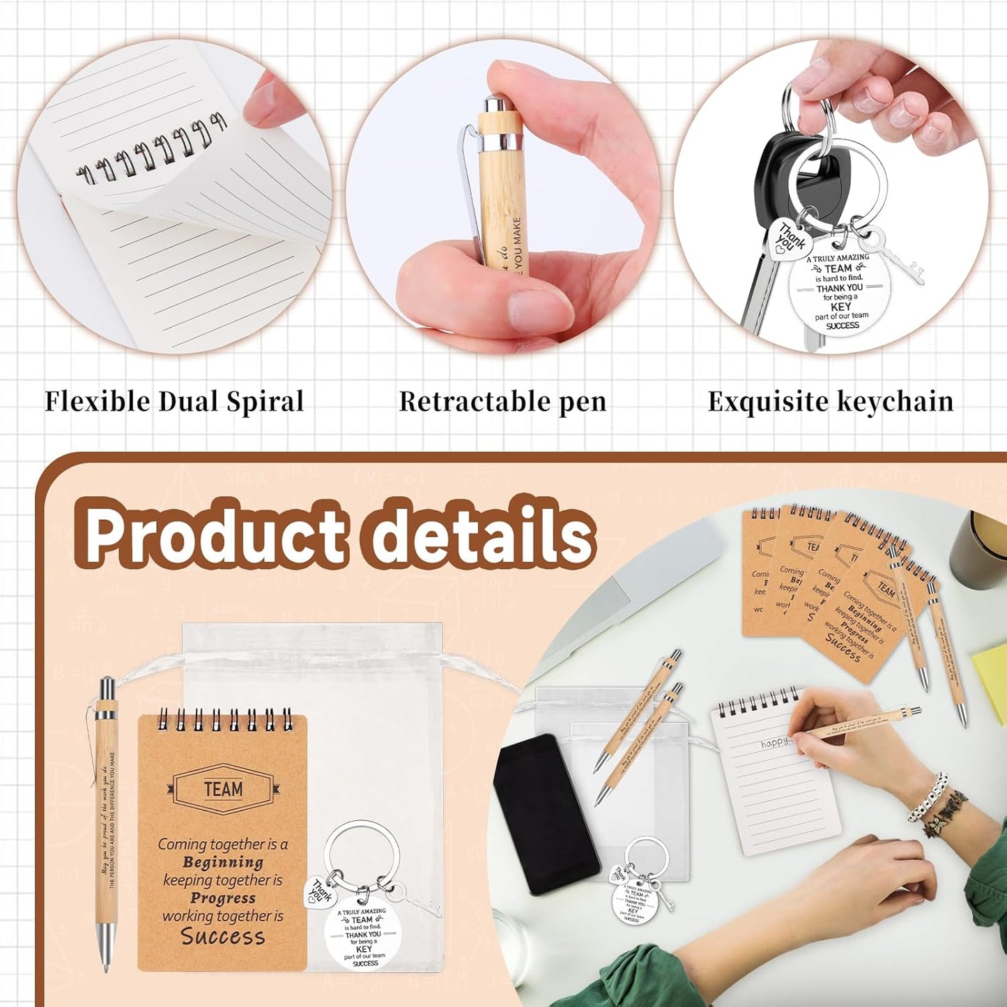 CZWZ 80 Pcs Employee Appreciation Gifts Set, Includes Notepads Pens Thank You Keychains and Organza Bags, Team Recognition Gifts for Coworkers Staff Employees Retirement Birthday Christmas(Brown)