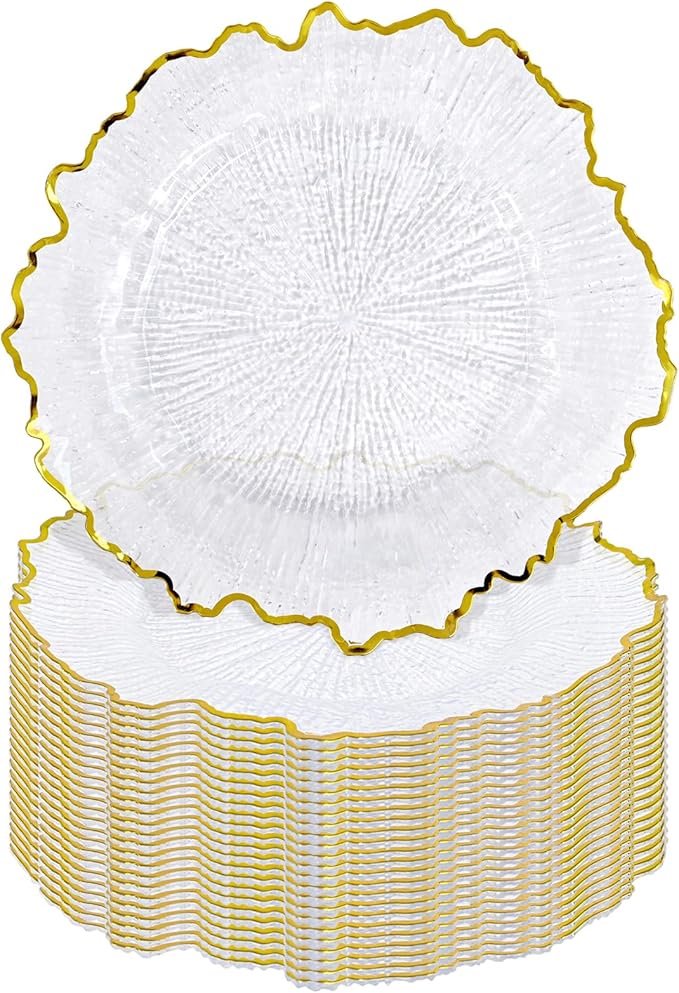 Pesonlook 24Pcs Gold Charger Plates Round 13inch, Clear with Gold Rim, Reef Charger Plate for Dinner, Bulk Plastic Floral Table Plates for Dinner Wedding Party Event