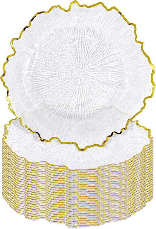 Pesonlook 24Pcs Gold Charger Plates Round 13inch, Clear with Gold Rim, Reef Charger Plate for Dinner, Bulk Plastic Floral Table Plates for Dinner Wedding Party Event
