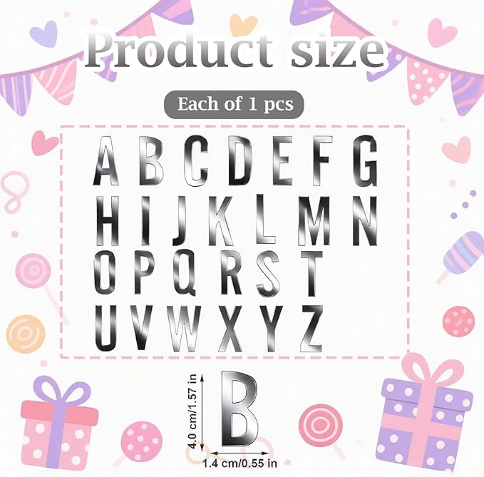 Silver Mirror Acrylic Alphabet Cake Toppers（A-Z Set） - Elegant Personalized Letter Decorations for Weddings, Birthdays & Special Occasions - Reusable