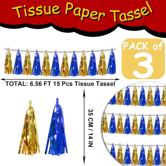 3PNavy-Blue Gold Tassel Banner Garland Metallic Foil Fringe Banner Tinsel Tassels Streamer Banner Backdrop for Parade Floats Birthday Graduation Christmas Bridal/Baby Shower Party Decorations