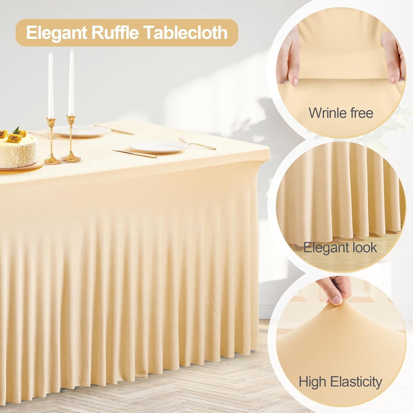 PARTISKY Champagne Spandex Tablecloth for 4ft Rectangle Tables, Stretchable Table Cover Skirt for Folding Tables Weddings Parties Banquets Events Trade Shows and Dessert Table