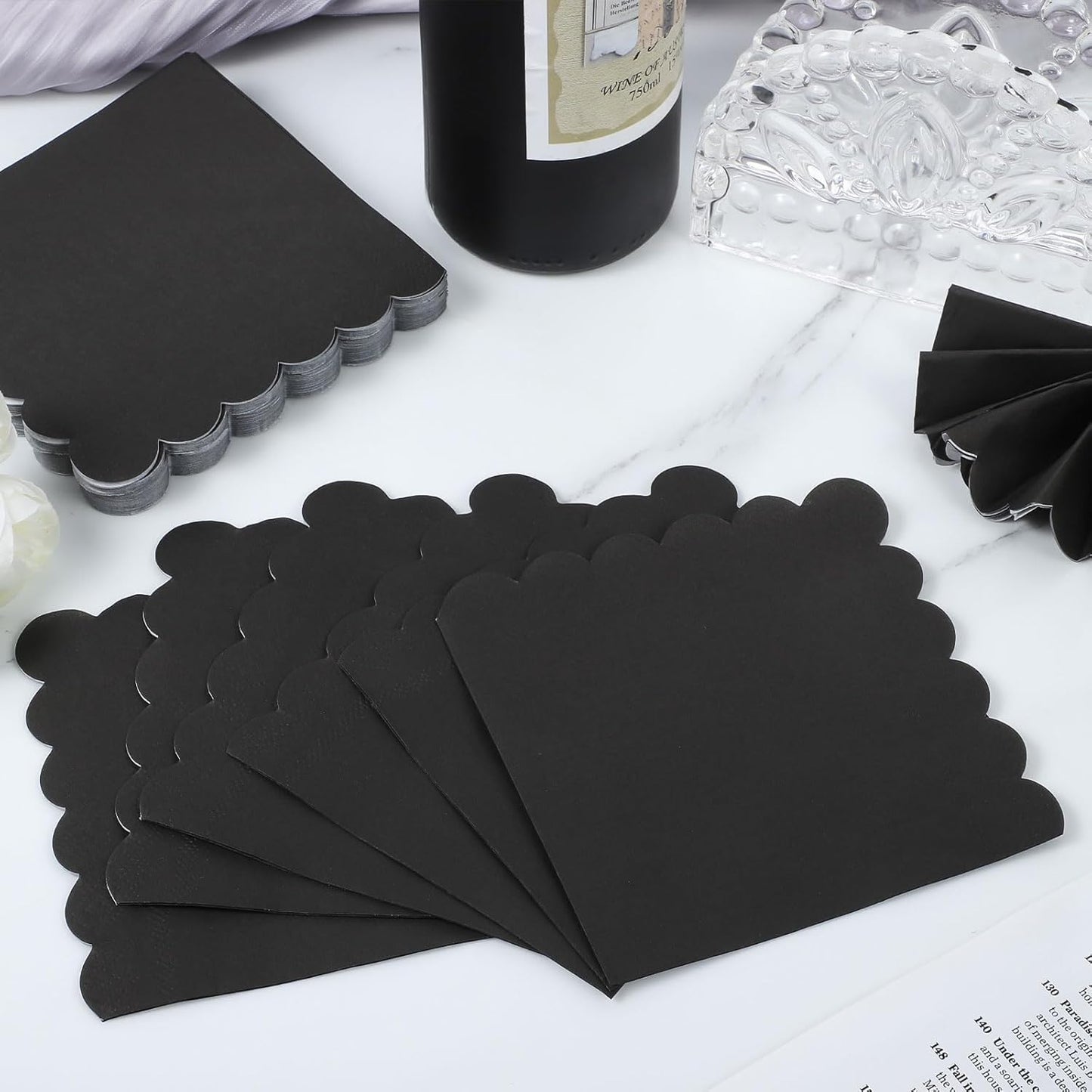 120 Pcs Cocktail Napkins Black Napkins Disposable Scalloped Bar Napkin Beverage Dessert Napkin for Birthday, Coffee, Bar, Kitchen, 5 x 5 Inch