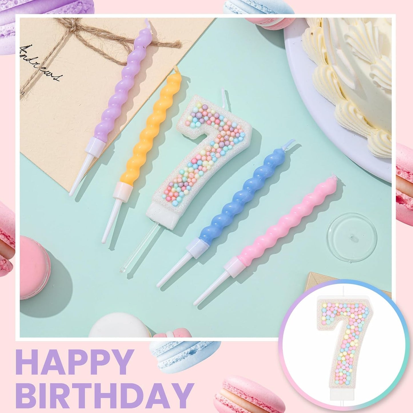 MTLEE Number 7 Birthday Candle with 12 Pcs Spiral Candles for Girls Macaron Pastel Rainbow Unicorn Pink Cake Topper for Sweet Theme Party Decoration