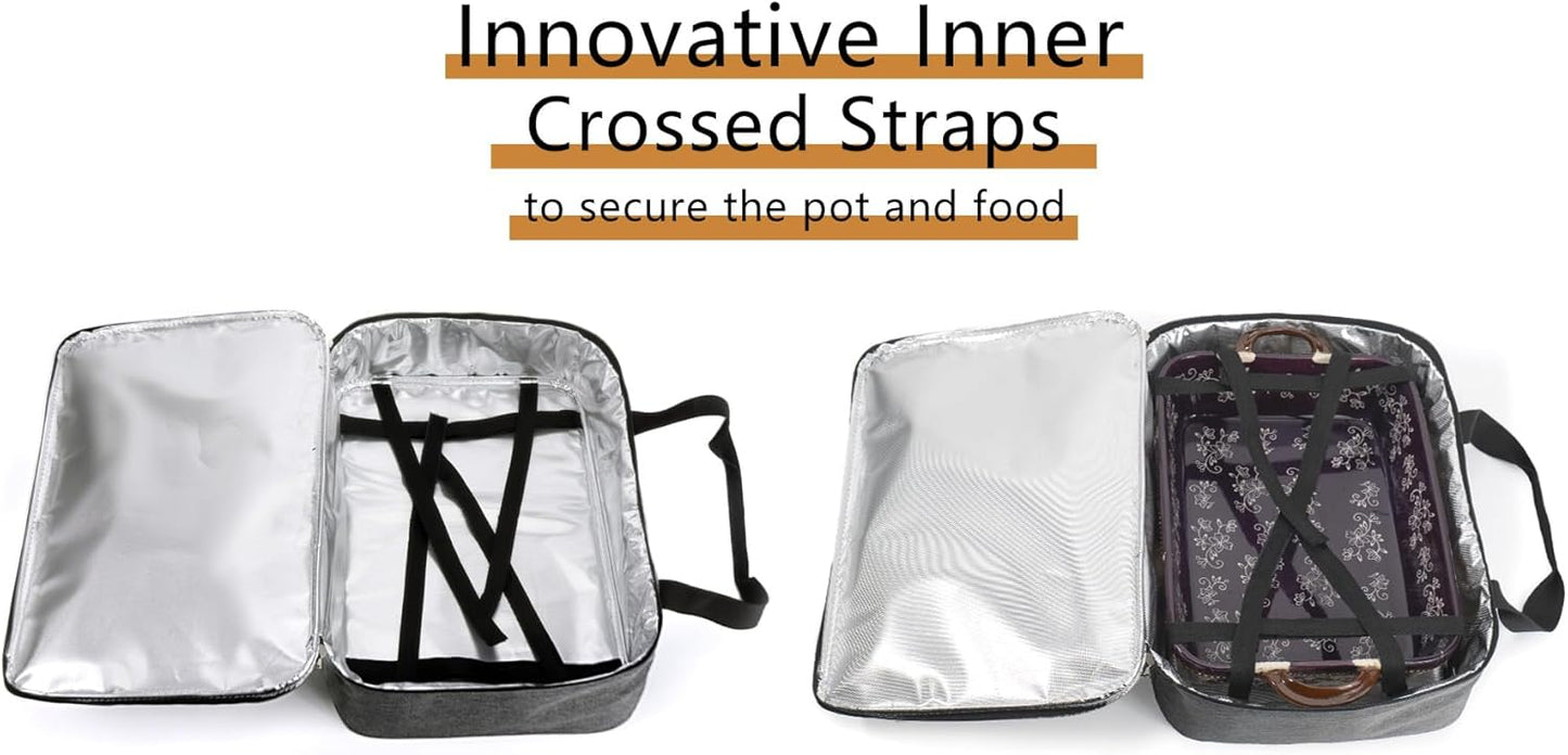 Insulated Casserole Carrier Fit 9"x13" Lasagna Baking Dish for Hot or Cold Food Transport,Thermal Lunch Warmer Tote Bag Upgrade add Fixing Strap for Gathering,Camping,Travel,Cookouts,Parties-Grey