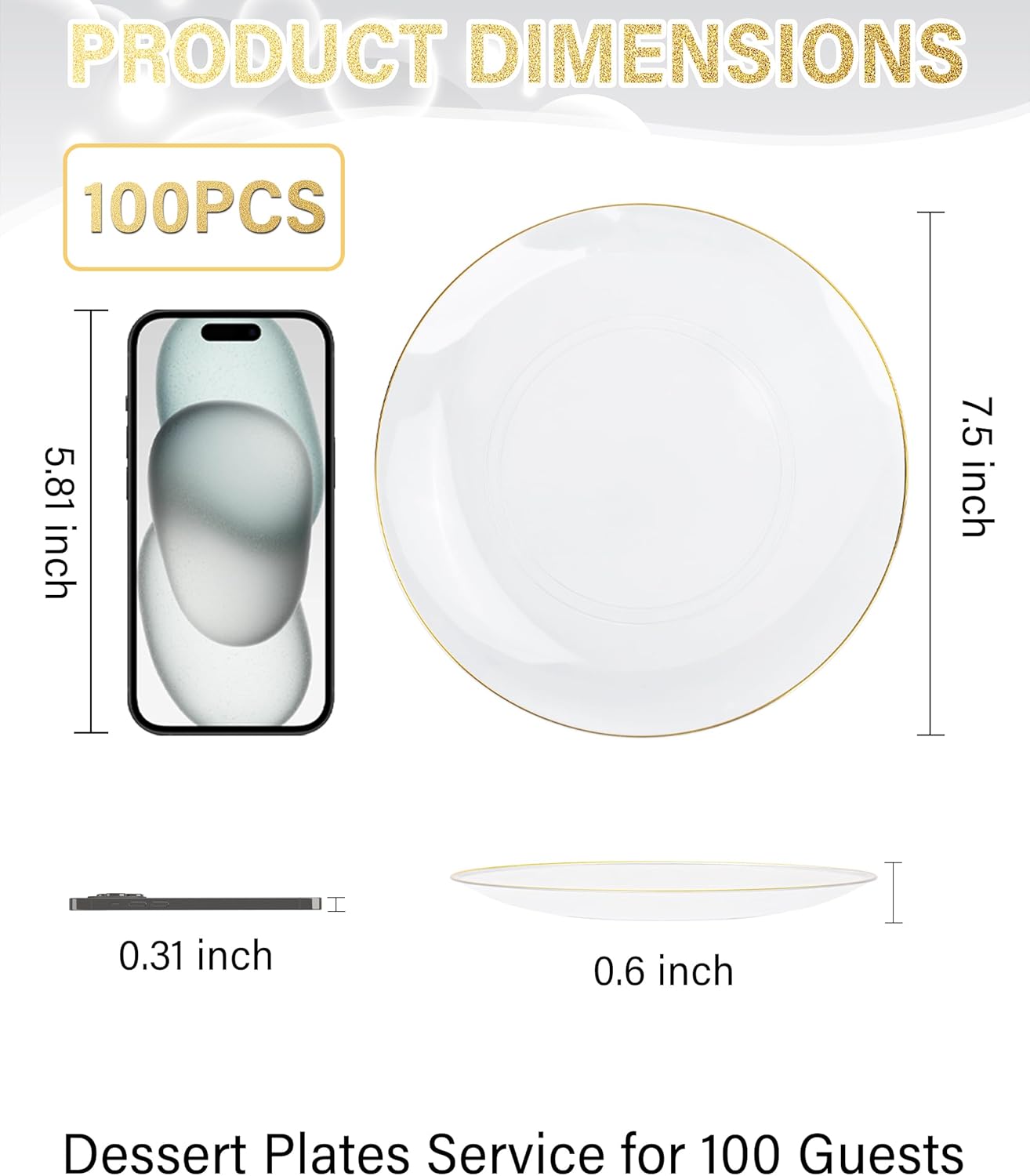 Nervure 100Pieces Clear and Gold Rim Plastic Plates - 7.5inch Disposabl Salad Dessert Plate - Clear and Gold Party Plates Ideal for Wedding & Party & Thanksgiving