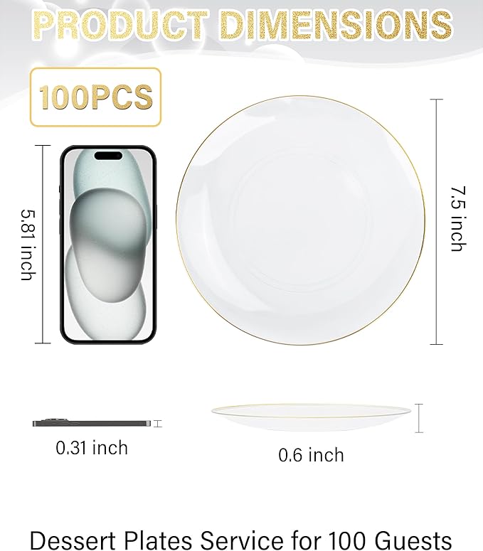 Nervure 100Pieces Clear and Gold Rim Plastic Plates - 7.5inch Disposabl Salad Dessert Plate - Clear and Gold Party Plates Ideal for Wedding & Party (Pack of 2)