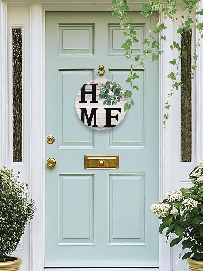 Eucalyptus Leaves Welcome Sign for Front Door, Home Garland Vintage Wood Grain Round Wooden Hanging Sign Housewarming Gift for Home Outdoor Indoor, Front Porch Decor 12inch